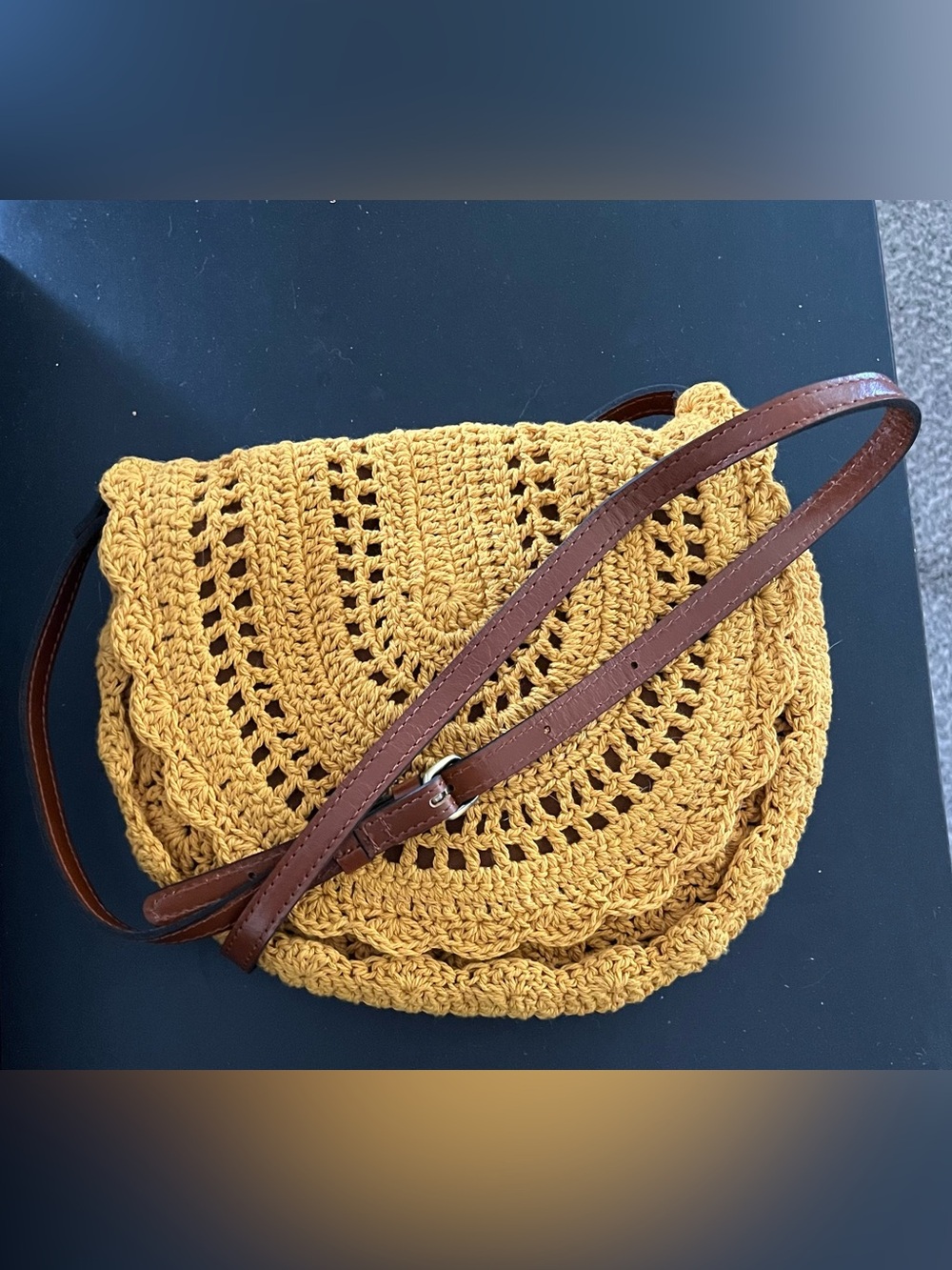 Patricia Nash Yellow Crochet Crossbody with Brown Strap - Picture 5 of 5